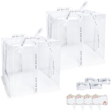 Vebetter 2 Stück Tortenbox Tortenschachtel Tortenkarton 24 * 24 * 23 cm Cake Box Transparent Torten Transportboxen Geschenkbox Durchsichtig mit Weiß Sockel, Band, kleine Karte für Geburtstag Dessert.