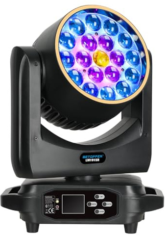 BETOPPER Moving Head Disco Lights,19x15W RGBW with Lighting Strip Effect Moving Head Stage Spotlight, Lightweight DJ Lights Strobe Light for Party Wedding Club Bars Show,1S