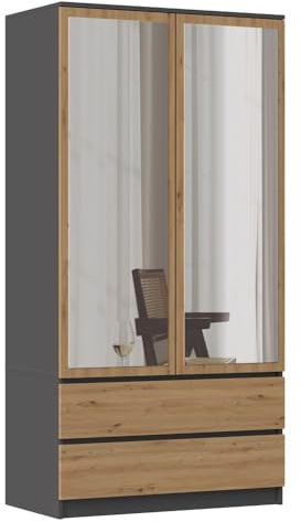 CDF TORINO - Armadio 2 ante con specchio stile moderno camera da letto - 90x50x180 - Ampio spazio di archiviazione - 2 cassetti