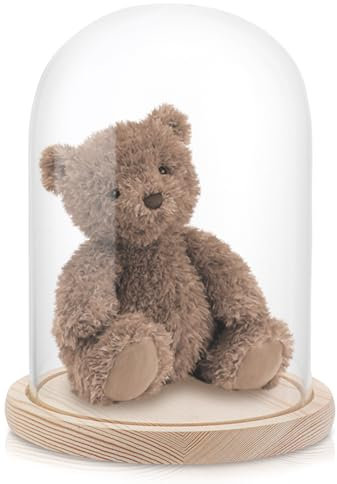 AKOLAFE Cloche en verre avec fond en bois - 21 cm de haut - 17 cm de diamètre - Cloche en verre transparent - Décoration pour poupées, bougies, objets de collection (sans lampe)