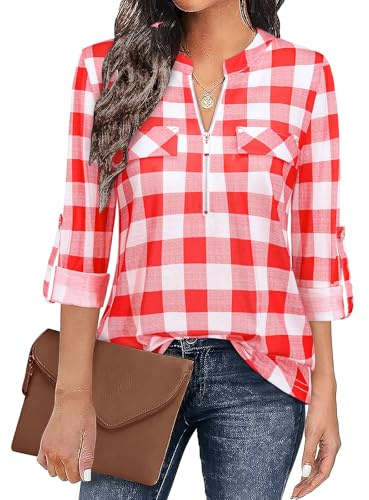 Siddhe Chemisier pour femme avec col en V et manches 3/4, tunique, fermeture éclair, t-shirt long, manches longues, chemise, tops, tunique, 3XL