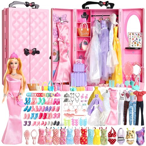 UCanaan Ensemble de 180 Rose vêtements pour poupées avec Accessoires Robes de Princesse Robes Hauts Pantalons Chaussures et cintres Ensemble Complet de Garde-Robe pour poupées, idéal pour Les Enfants