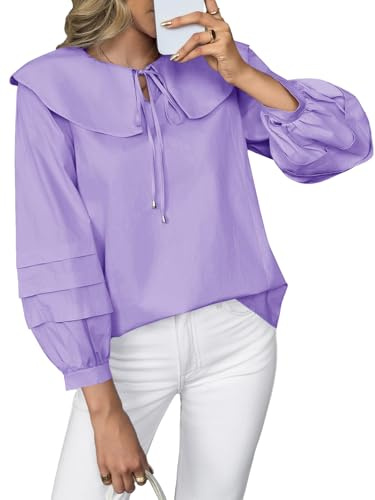 Cicy Bell Womens Peter Pan Collar Shirts Long Puff Sleeve Cotton Blouses Trendy Casual Loose Fit Tops Light Purple