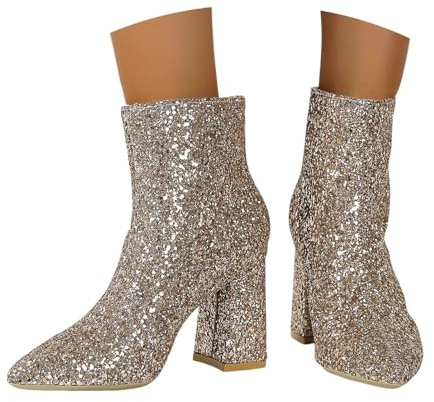 Generisch Botines con purpurina para mujer, festivos, cortos, con cremallera, tacón de bloque, botas de barco, botas para mujer, carnaval y fiesta, zapatos de mujer, botas de media altura, dorado