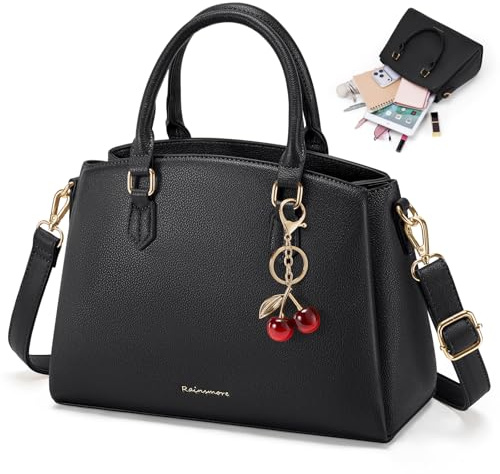 RAINSMORE PU Leather Handbags for Women Top Handle Bag with Detachable Adjustable Shoulder Strap Ladies Handbags Fits 11 Inch Tablet Hand Bag for Work Shopping Daily Use Black