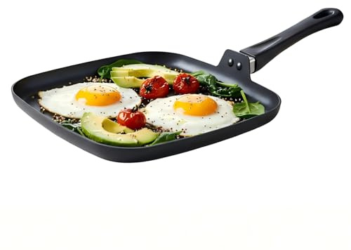 10 Inch Square Griddle Pan, Aluminum Nonstick Grill Pan for Indoor Cooking, Flat Skillet for Stove Top, Comales Para Tortillas for Eggs, Omelettes, Steak, Bacon, and More, PFOA Free