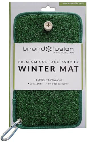 Brand Fusion Golf Winter Mat – Compact 25 x 15 cm Practice Mat with Carabiner Clip & Rubber Tee Insert – Durable, Natural Turf Look for Winter Golf Practice (Tee Not Included)