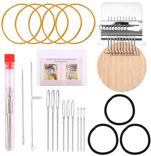 Fukaisu Kit Mini Telaio, Include 1 Telaio da Rammendo 8 Elastici 9 Ferri da Maglia Extra 2 Uncinetti e 1 Custodia per Aghi per Vestiti Jeans Cappotti Calzini Riparazioni