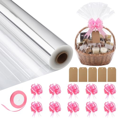 woric 45m x 80cm Cellophane Wrap for Hampers with Ribbon Tag & Pull Bows