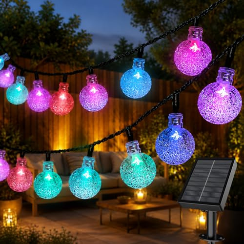 Electight Färgglad soldriven ljusslinga utomhus 10 m 60 LED kristallkula Ø 2,3 cm, 8 ljuslägen, vattentät, väderbeständig, trädgårdsdekoration, balkong, terrass, jul, fest