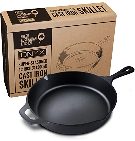 FRESH AUSTRALIAN KITCHEN Polished Super Pre-Seasoned 12 Inch (30cm) Cast Iron Skillet Fry Pan. Perfect for Frying, Camping BBQ. Oven Safe.