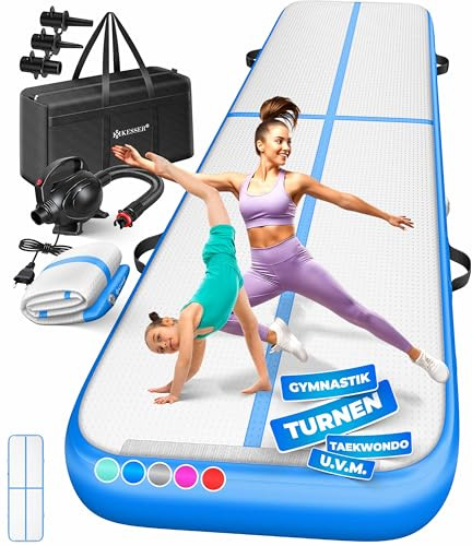 KESSER® Tapis de Gymnastique | Tapis de Fitness Gonflable Airtrack | Tapis de Gymnastique 3/4/5/6 m | Sac de Transport et Batterie électrique fournis Pompe à air, Bleu, 300 x 100 x 10 cm