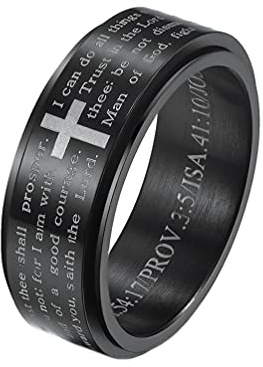 HIJONES Homme Acier Inoxydable Bible Verset Seigneurs Prière Croix Dieu Anneau 3 Couleurs Spinner Noir Anneau Taille 54