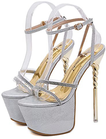 Sandali con Tacco Alto da Donna con Strass 16CM Aperti con Tacco a Spillo Décolleté con Plateau con Tacco a Spillo Pompe per Abiti da Sposa Scarpe da Sposa da Sposa,Argento,37 EU
