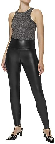 HUE Women's Faux Leather Legging with Tummy Control, Black - Skinny Leg, Large