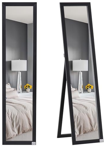 HOMCOM Specchio da Terra con Supporto Richiudibile, 37x154 cm Specchio Verticale con Cornice, Fori Per Montaggio a Parete e Pellicola Anti Esplosione, per Camera da Letto, Soggiorno, Ingresso, Nero