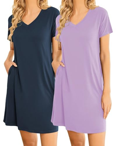 Ekouaer Camicia da Notte da Donna a Maniche Corte Confezione da 2 Abito da Notte con Tasche in Due Pezzi, Blu Navy + Lilla, XXL