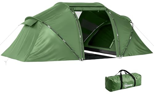 Outsunny 4 Man Camping Tent, UV Protection Tunnel Tent with 2 Bedrooms and Living Area, Large Hiking Sun Shelter, 430 x 240 x 170 cm, Dark Green