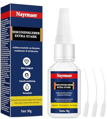 30g Sekundenkleber Extra Stark, Wasserfest Superkleber mit Antiverstopfungskappe, Alleskleber für Plastik, Kunststoff, Glas, Holz, Metall uvm.