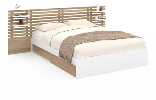 IDMarket - Lit Double Savana avec tête de lit, chevets, rangements et sommier 140 x 190 cm hêtre et Blanc