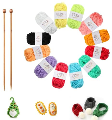 YREYBN 12pcs Knitting Kit, Beginners Adults Children Knitting Set, Dishcloth Knitting Kit - 12 Colours Yarn & 2 Bamboo Knitting Needles, Suitable for Adults Children DIY Weaving Handmade Artworks