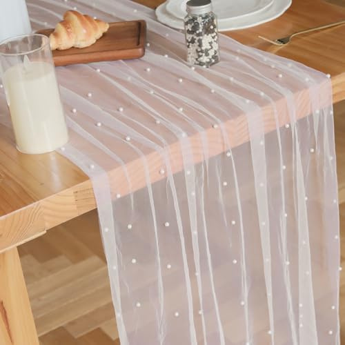Psasrm Set of 6 Pearl Table Runner 10ft, 29 * 120 Inch White Table Cloth Pearl Sheer Tulle Table Cover,Table Runner for Wedding Party Baby Shower Birthday Home Decor
