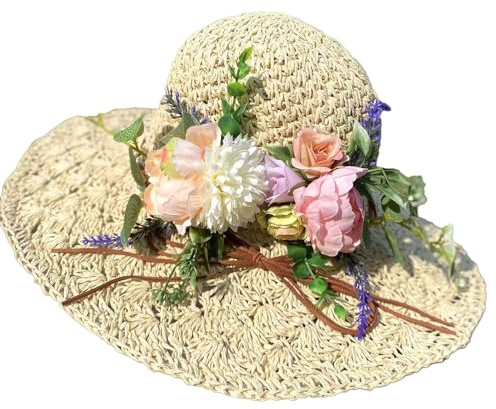 BrightGlow Damer brett brätte stråhatt sommar blommor solhatt mjuk vikbar sommarhatt anti-UV strandhatt teparty hattar damer virkad hatt av halm elegant slapphatt, Beige (rosa), one size