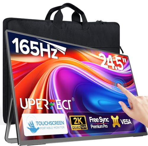 UPERFECT 24.5 2K Portable Monitor Touchscreen, 165Hz Gaming Monitor FreeSync 0.1ms Fast IPS Large Screen, Built-in 180° Adjustable Stand/VESA, USB-C HDMI Second Screen for Laptop, Phone, Game Console