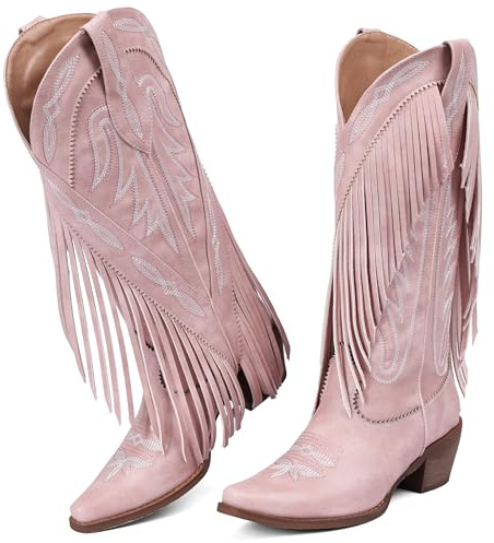 Grakihily Cowboy Boots for Women Retro Pointed Toe Pull On Block Chunky Heel Embroide Tassel Country Concert Outfits Calf Western Cowgirl Boots