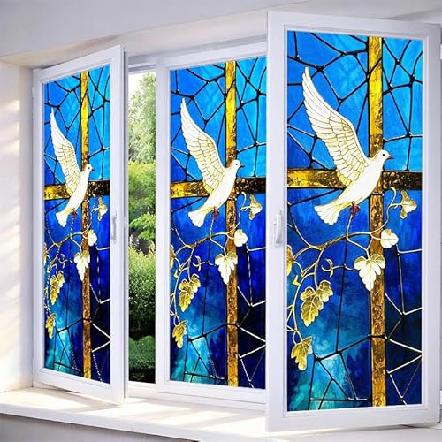 IVN Stained Glass Window Film 17.7x39.3 inch Dove and Cross Decorative Window Privacy Film Stained Decals Static Cling Sun Blocking Decor for Home Office Windows Door Glass Partitions