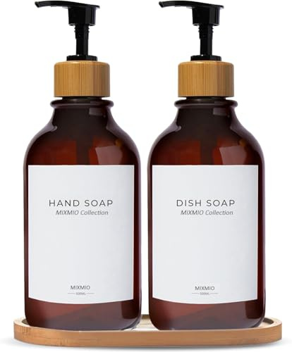 Evereden Plastic Soap Dispenser Set | Hand Soap and Dish Soap Dispenser Set | 16.9oz Amber Bottles with Black Bamboo Pump | Bathroom Lotion Dispenser with Pump Set of 2
