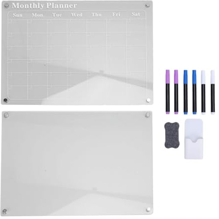 Juego de pizarras acrílicas de borrado en seco, paquete de 2, calendario mensual transparente y tablero de notas en blanco con 6 marcadores de colores, fuerte adsorción para