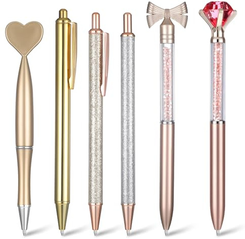 Qianyu 6 st kulspetspennor set metall kristall diamant penna fint hjärta kulspetspenna glitter vackra söta pennor svart bläck dekorativ penna för kvinnor flickor alla hjärtans dag bröllop skola