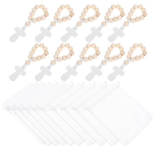 HONITANO Set 10 Rosari Battesimali in Legno con Perline da Dito e Crocifisso, Rosario Religioso Compatto con Sacchetti in Rete, Idee Regalo per Battesimo, Comunione e Cerimonie Cristiane