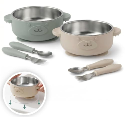 Broemba Bol Bébé Inox Ventouse 2 p. Cuillère Fourchette Sans BPA Beige Vert | Bol à ventouse et couverts pour tout-petits. 3 autocollants inclus. Sans BPA. Dès 6 mois. Lave-vaisselle.