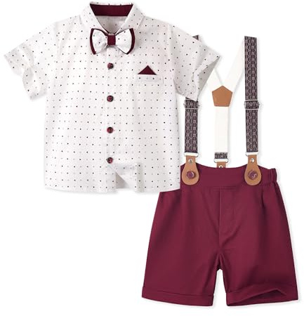 Volunboy Bebé Niño Caballero Conjunto, Camisa de Manga Corta con Pajarita + Corta Pantalón Verano 4 Piezas Traje Ropa