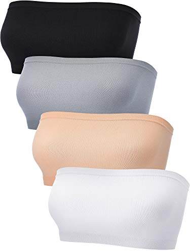 Bandeau-BH für Damen, trägerloser Bralette, Nahtloser Bandeau-BH, ungepolstert, Stretch-Oberteil, 4 Stück, Schwarz, Weiß, Hautfarbe, Grau, small