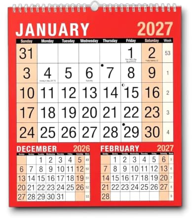 PaulStore 2027 Wall Calendar – 3-Month View Hanging Planner for Home and Office, 3-Month-to-View Vertical Display