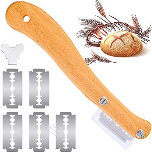 Bonbela brödskärare bröd lame trähandtag bröd lyftverktyg deg scoring kniv med 5 stycken utbytbara blad brödtillverkning kökstillbehör