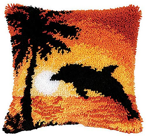 ZFFLYH Latch Hook Kit Pillow, Sunset Dolphin DIY Throw Pillow Cover Sofa Cushion Cover Rug Shaggy Decorations for Kids Adults Beginners 17 X 17