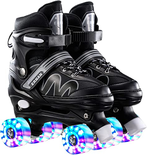 Sumeber Rollschuhe, verstellbare Größe, Rollschuhe, 4 Blinker, Inlineskates für drinnen und draußen, verstellbare Quad-Inline-Skates für Jungen und Kinder (EU 34-38), Schwarz