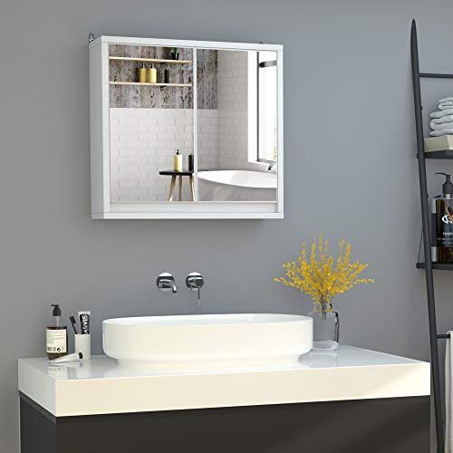 HOMCOM Armario de Baño con Espejo con 2 Puertas y Estante Ajustable Mueble Colgante de Baño para Aseo Estilo Moderno 48x14,5x45 cm Blanco