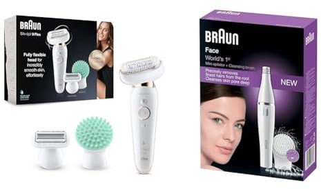 Braun Silk-épil 9 Flex Epilator, Flexible Head for Easier Hair Removal, White/Gold & FaceSpa Face Epilator, Hair Removal with Facial Cleansing Brush Head, 100% Waterproof, SE810, White