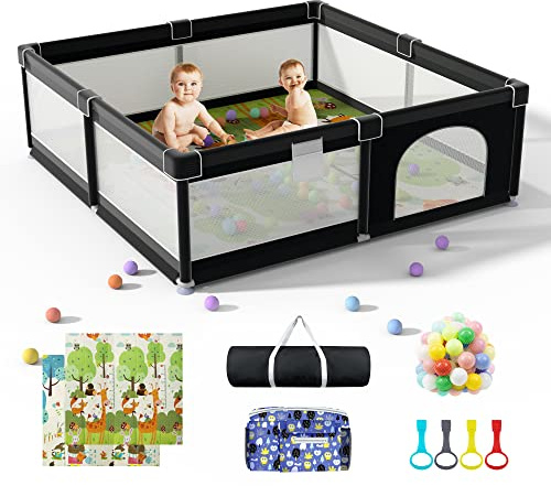 LUTIKIANG Extra Large 79 x 71 Baby Playpen with Mat, Baby Gate Play Yard, Portable Toddler Playpen, Large Play Pen for Babies, Mat Included, Play Area for Babies and Toddlers (Black)