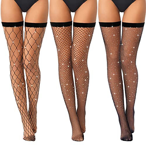 SATINIOR 3 Paar Damen Oberschenkelhohe Strümpfe Überknie Strass Netzstrümpfe Schwarze Elastische Fischnetz Strümpfe