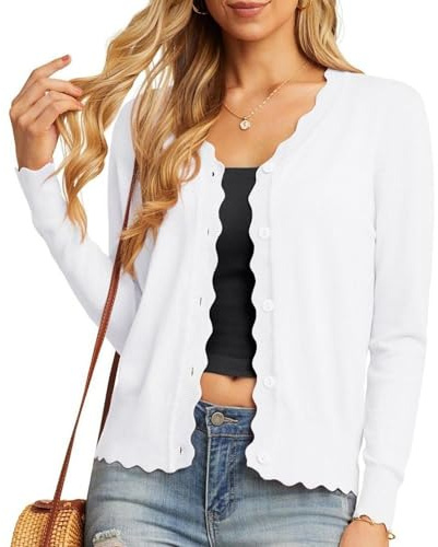 GRECERELLE Cardigan Femme avec Boutons et Encolure en V Cardigan Femme Léger et Estival Elégant avec Dentelle (Blanc, L)