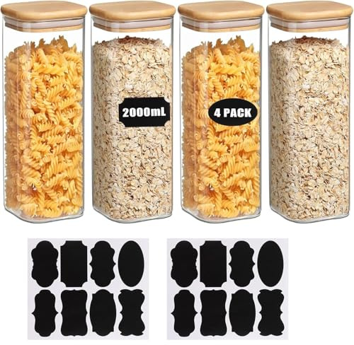 LOPYXBR Juego de 4 Botes Cocina Almacenaje 2L Tarros de Cristal con Tapa Hermética de Madera Bote de Vidrio Borosilicato para Pasta Cereales Legumbres Alimentos Secos Harina Café