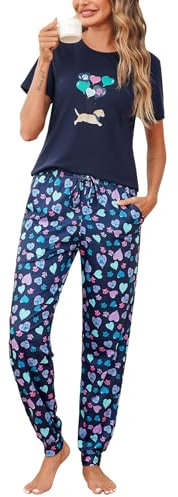 Bresdk Bredk Schlafanzug Damen Kurz Süßes Pyjama Hose Lang Zweiteiler Hausanzug Blau M