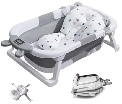 Bañera plegable para bebés con indicador de temperatura en tiempo real, cojín de natación y drenaje, bañera de viaje portátil para recién nacidos y niños pequeños (0 – 36 meses), ahorro de espacio