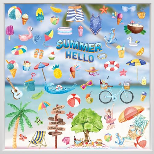 Hianjoo Sommer Fensterbilder Selbstklebend, 9 Blätter Hawaiianische Fenster Aufkleber Dekorationen, Fenstersticker Fensterdeko Wiederverwendbar mit Beach Pool Party